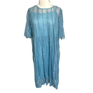 Suzanne Betro Empire Scoopneck Dress Blue Lace Overlay Plus Size XL